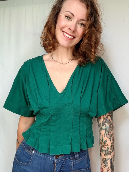 Anthropologie Tops - Anthropologie Deep Emerald V-Neck Pleated Peplum Blouse